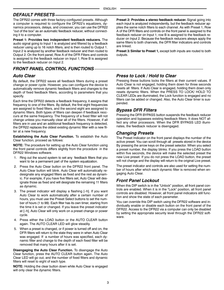 Default presets, Front panel control functions auto clear, Press to lock / hold to clear | Bypass dfr filters, Changing presets, Front panel lockout | Shure AUDIO PROCESSOR WITH FEEDBACK REDUCTION DFR22 User Manual | Page 5 / 13