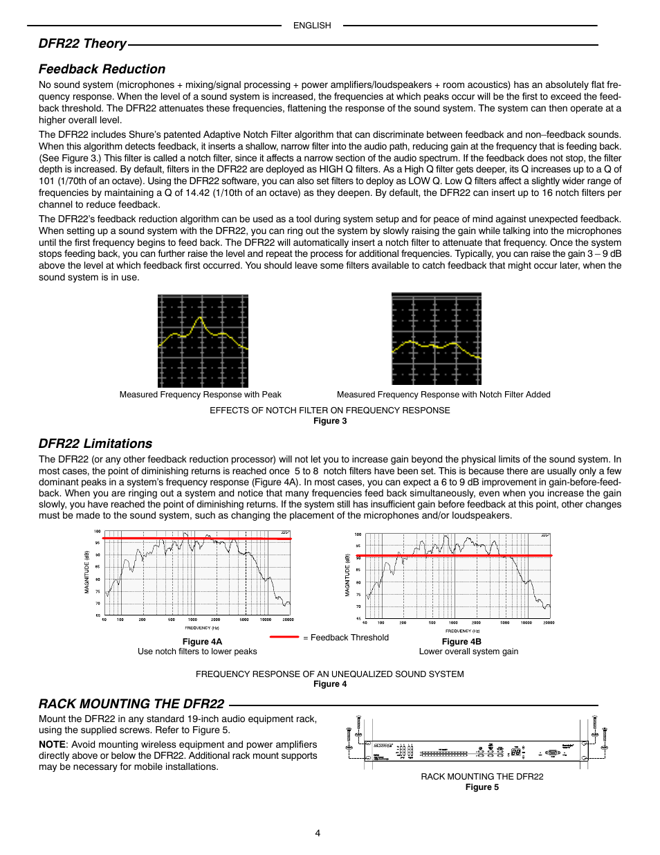 Dfr22 theory feedback reduction, Dfr22 limitations, Rack mounting the dfr22 | Shure AUDIO PROCESSOR WITH FEEDBACK REDUCTION DFR22 User Manual | Page 6 / 13