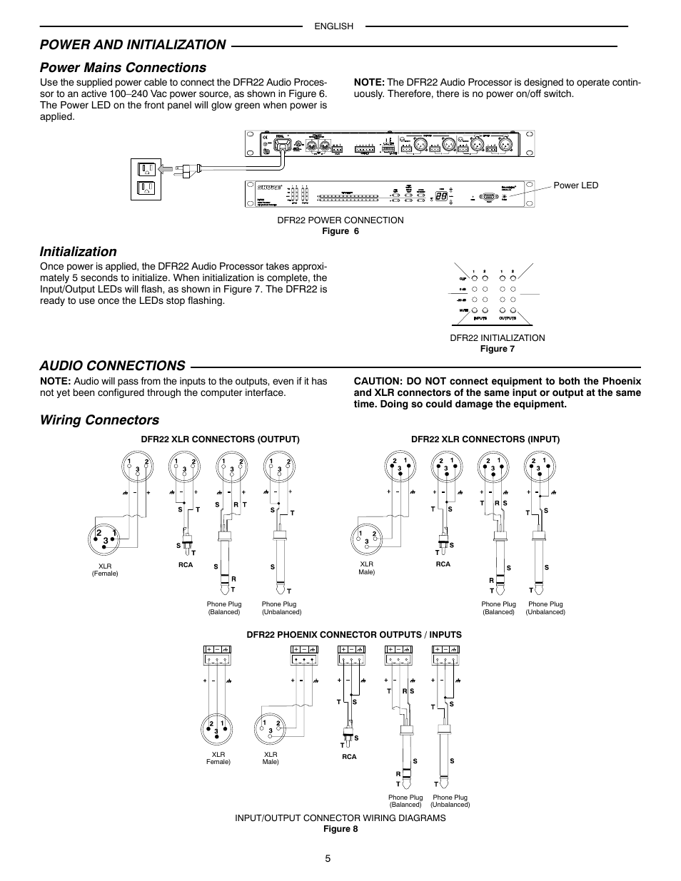 Power and initialization power mains connections, Initialization, Audio connections | Wiring connectors | Shure AUDIO PROCESSOR WITH FEEDBACK REDUCTION DFR22 User Manual | Page 7 / 13