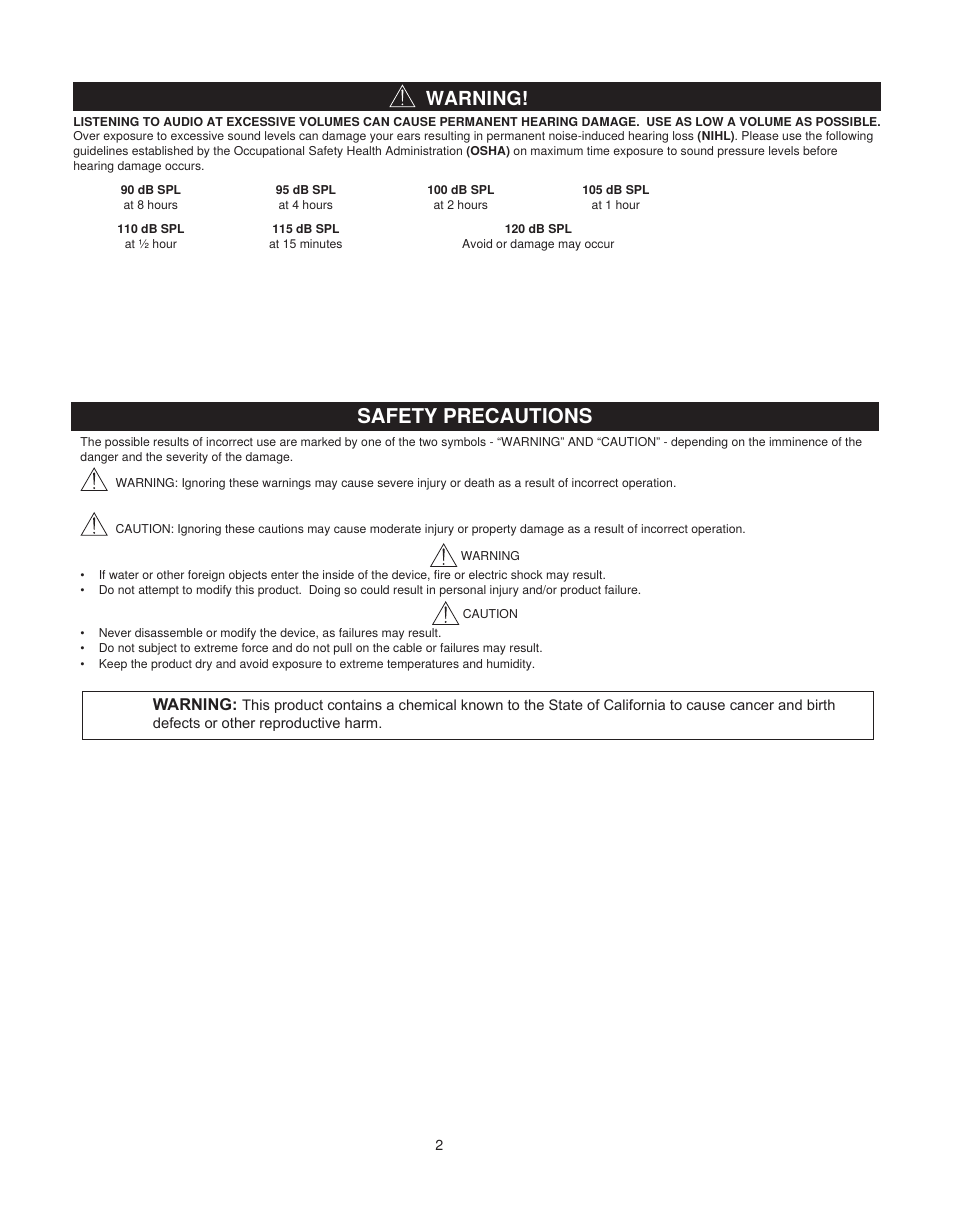 Safety precautions, Warning | Shure SRH240M+ User Manual | Page 2 / 5