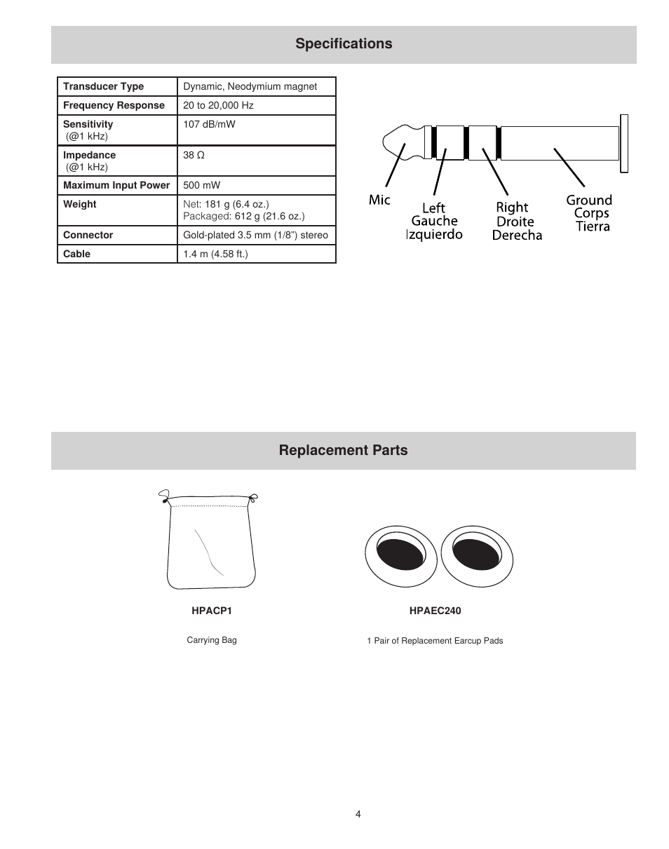 Specifications, Replacement parts | Shure SRH240M+ User Manual | Page 4 / 5