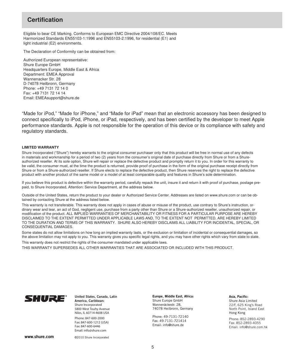 Certification | Shure SRH240M+ User Manual | Page 5 / 5