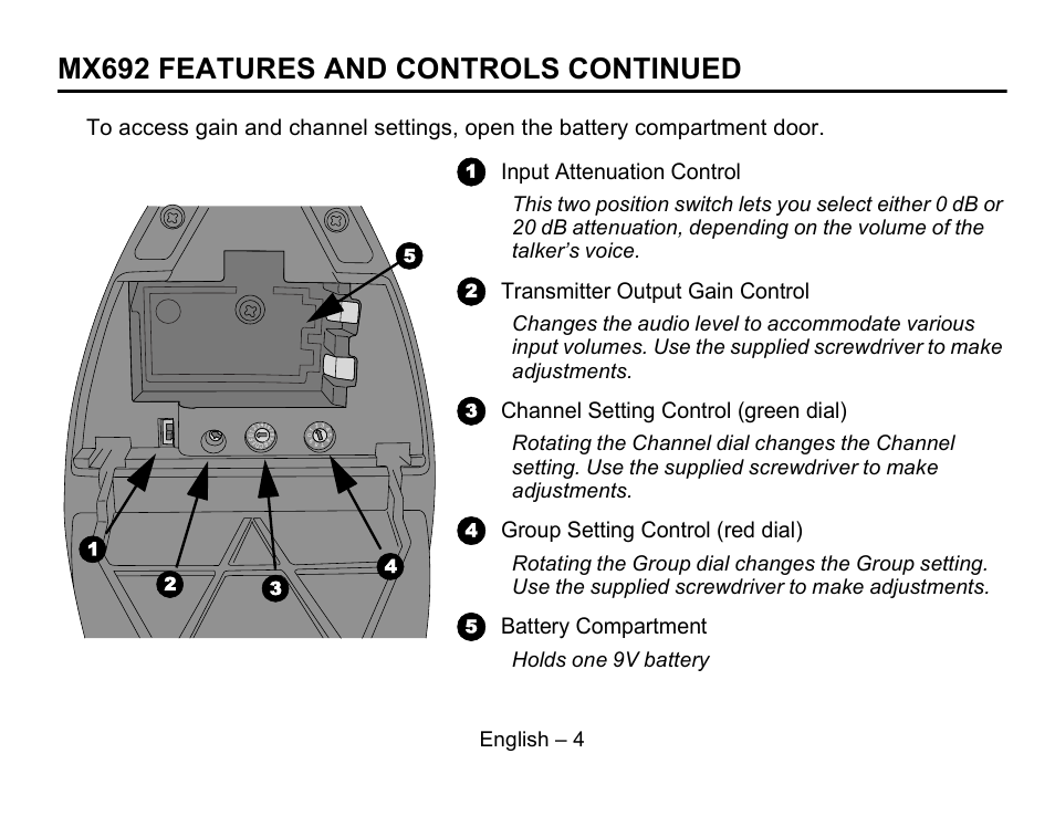 Mx692 features and controls continued, Transmitter output gain control, Channel setting control (green dial) | Group setting control (red dial), Battery compartment, English – 4, Holds one 9v battery | Shure MX692 User Manual | Page 5 / 20