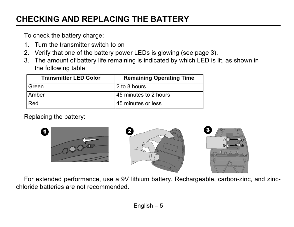 Checking and replacing the battery, English – 5 | Shure MX692 User Manual | Page 6 / 20