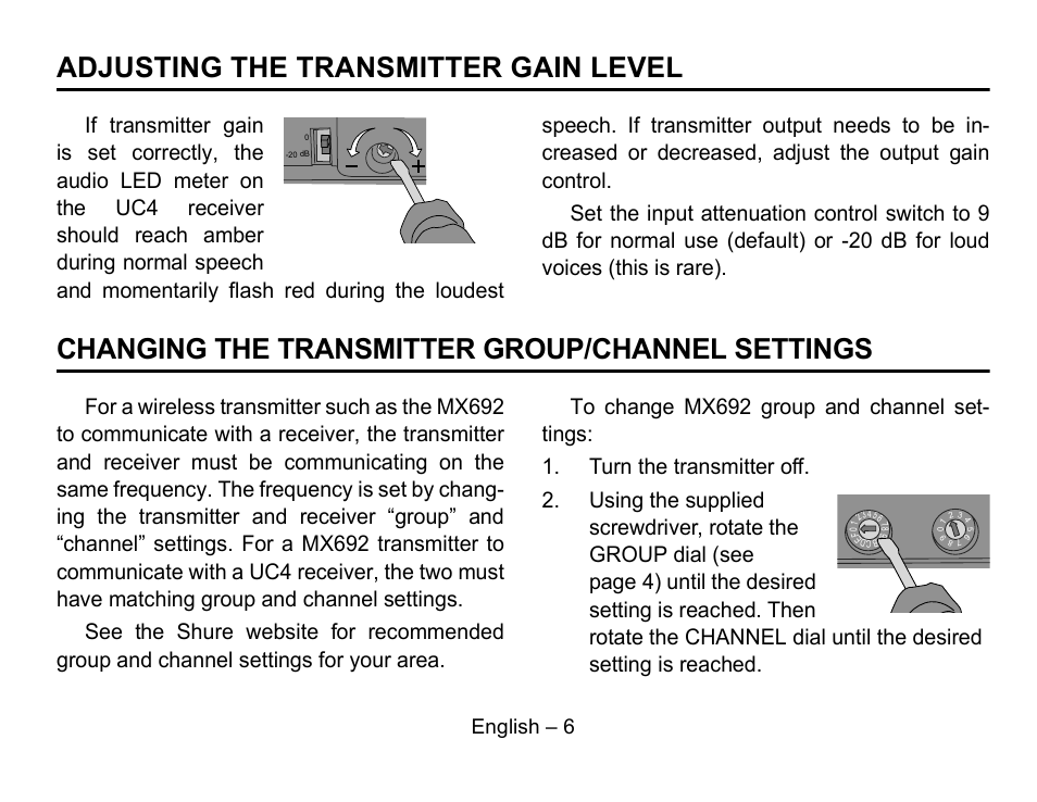 Adjusting the transmitter gain level, Changing the transmitter group/channel settings, English – 6 | Shure MX692 User Manual | Page 7 / 20