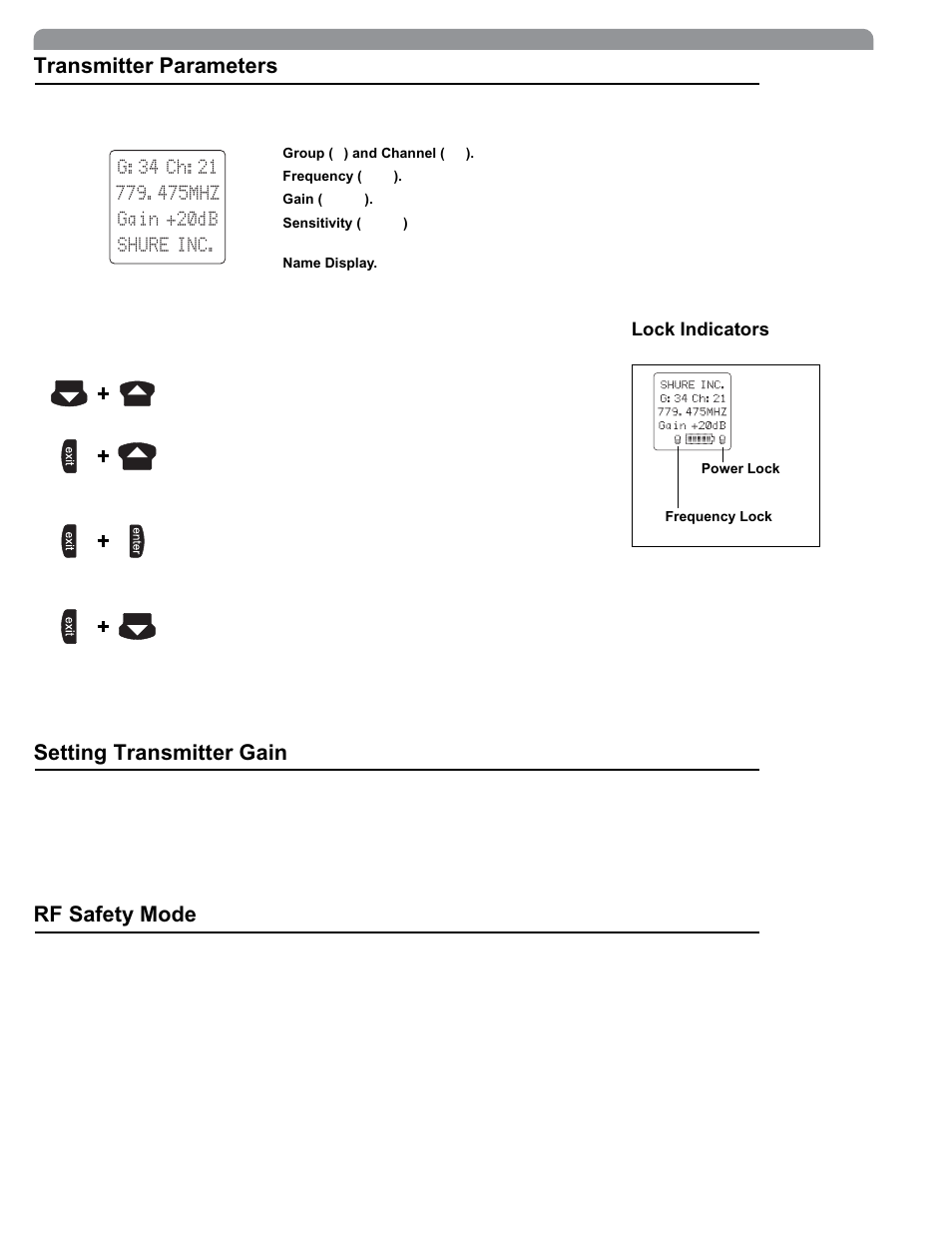 Transmitter parameters setting transmitter gain, Rf safety mode, Lock indicators | Shure The SM58 Vocal Artist UHF User Manual | Page 12 / 34