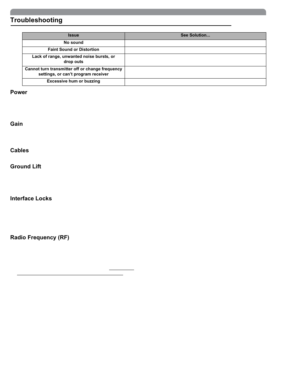 Troubleshooting, Power, Gain | Cables, Ground lift, Interface locks, Radio frequency (rf) | Shure The SM58 Vocal Artist UHF User Manual | Page 14 / 34