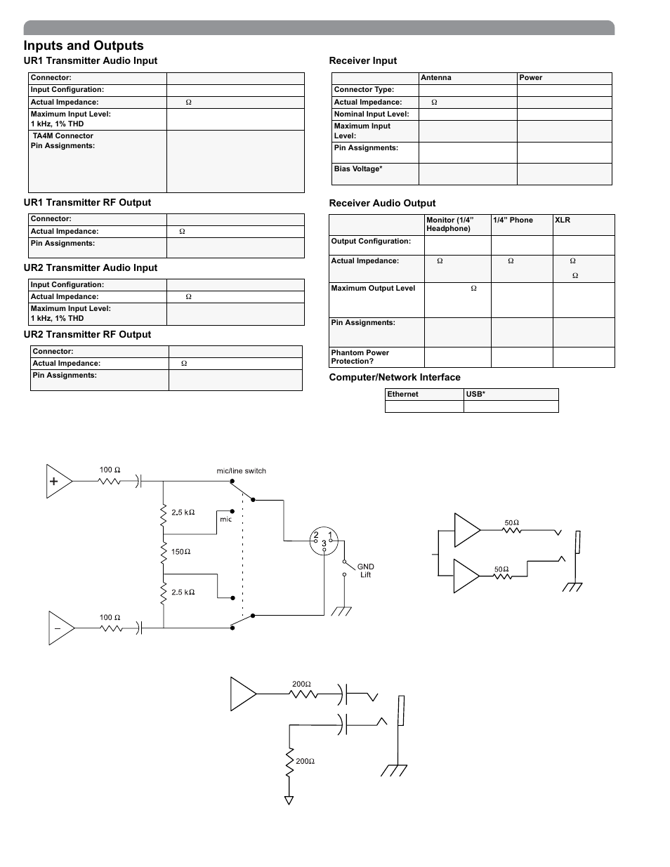 Inputs and outputs, Xlr 1/4” monitor/headphone 1/4” phone, Receiver audio output computer/network interface | Shure The SM58 Vocal Artist UHF User Manual | Page 16 / 34