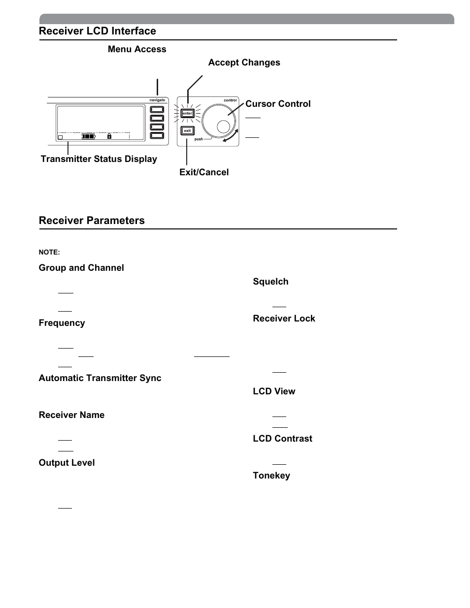 Receiver lcd interface receiver parameters, Group and channel, Frequency | Automatic transmitter sync, Receiver name, Output level, Squelch, Receiver lock, Lcd view, Lcd contrast | Shure The SM58 Vocal Artist UHF User Manual | Page 7 / 34