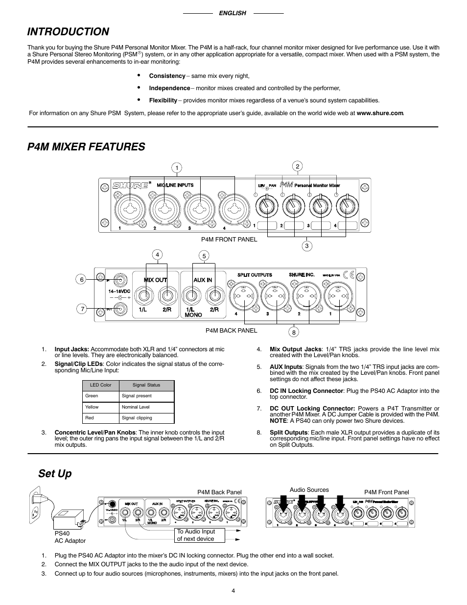 Introduction, P4m mixer features, Set up | Shure P4M User Manual | Page 3 / 8