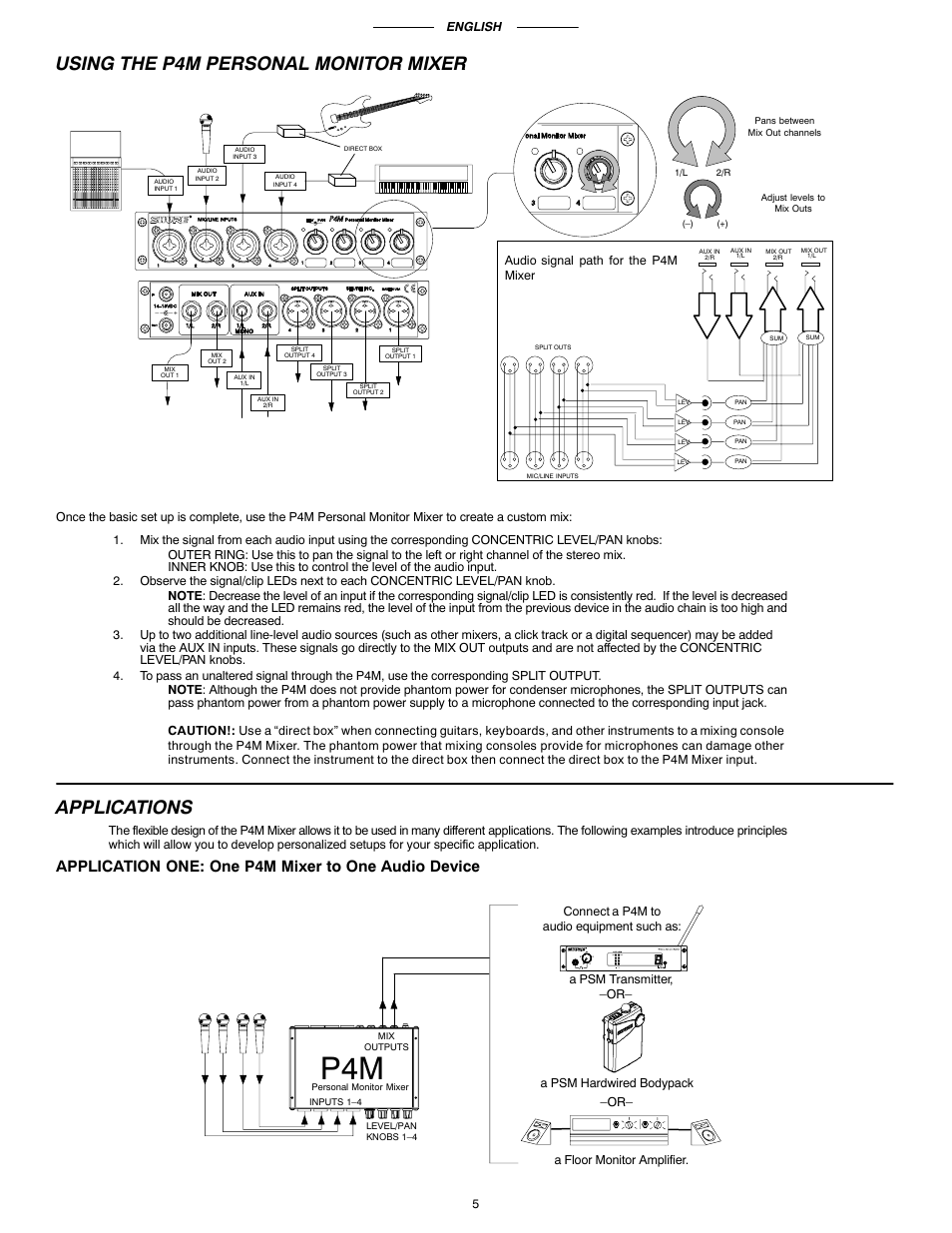 Using the p4m personal monitor mixer, Applications, Application one: one p4m mixer to one audio device | Shure P4M User Manual | Page 4 / 8