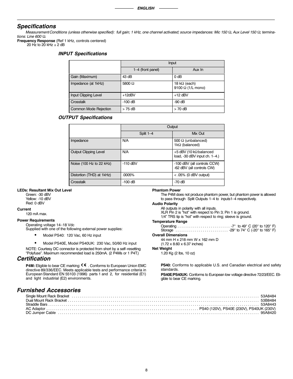 Specifications, Certification, Furnished accessories | Shure P4M User Manual | Page 7 / 8