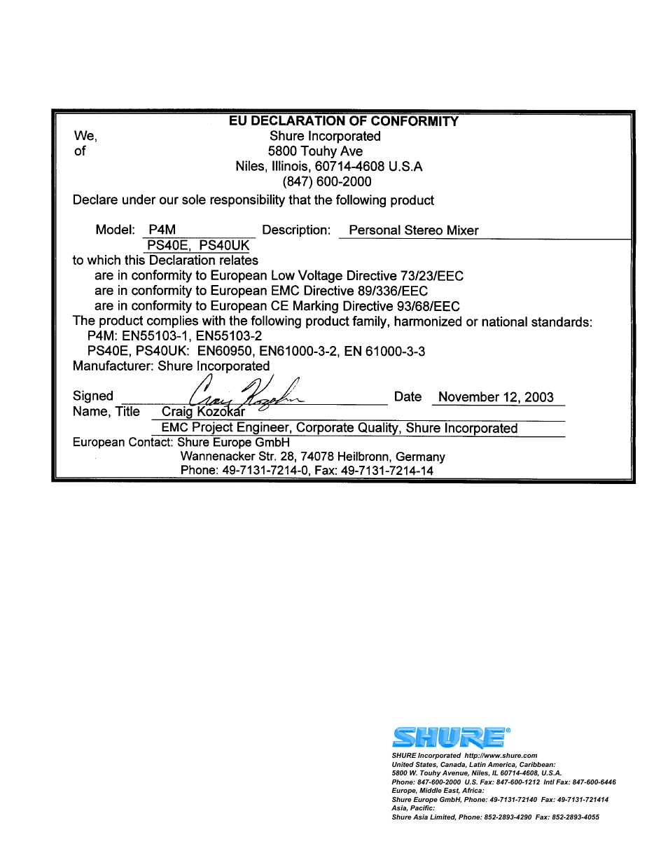 Shure P4M User Manual | Page 8 / 8