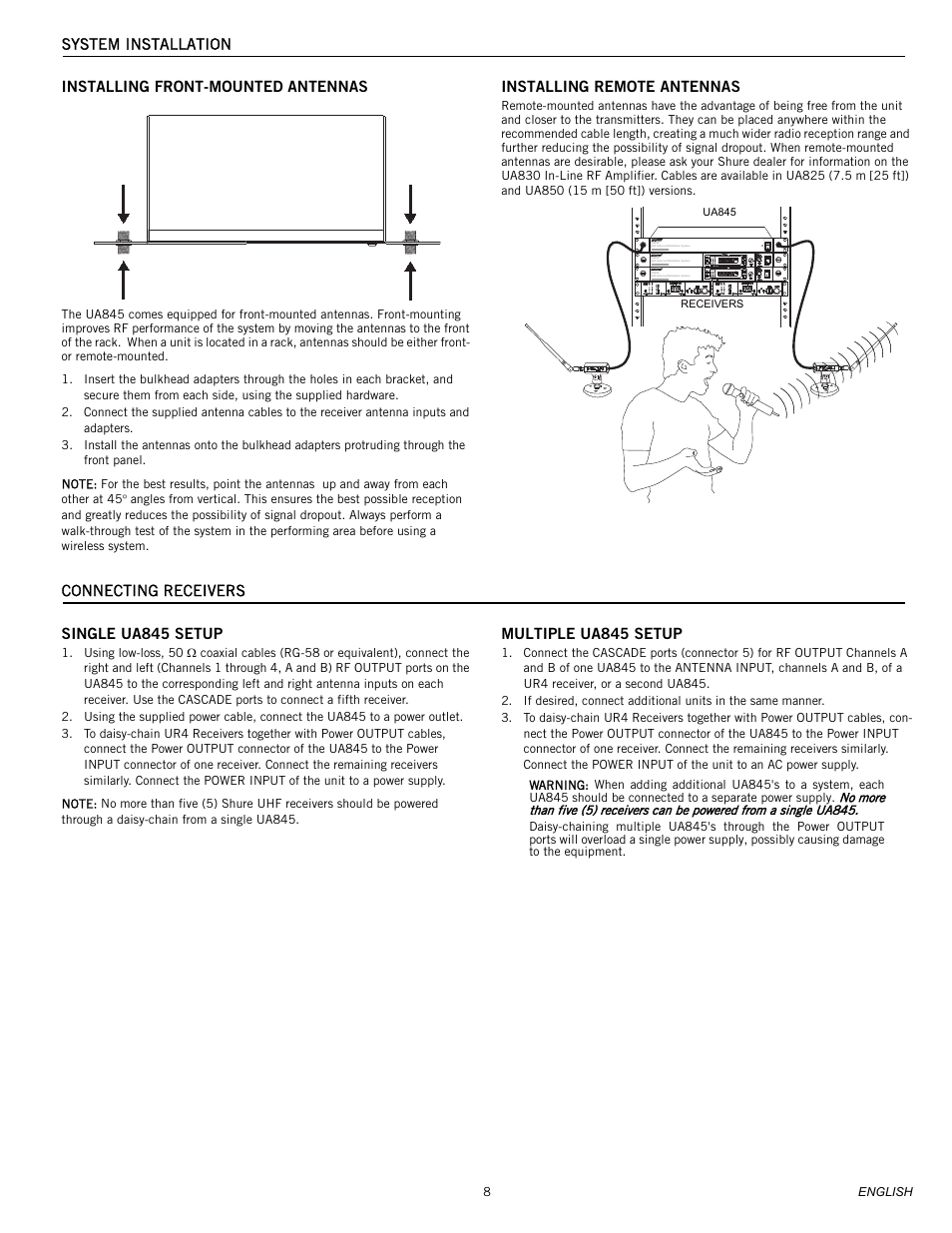 Installing remote antennas, Connecting receivers single ua845 setup, Multiple ua845 setup | Shure UA845 User Manual | Page 5 / 9