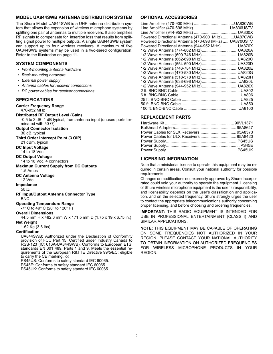 Shure ANTENNA DISTRIBUTION SYSTEM UA844SWB User Manual | Page 2 / 6