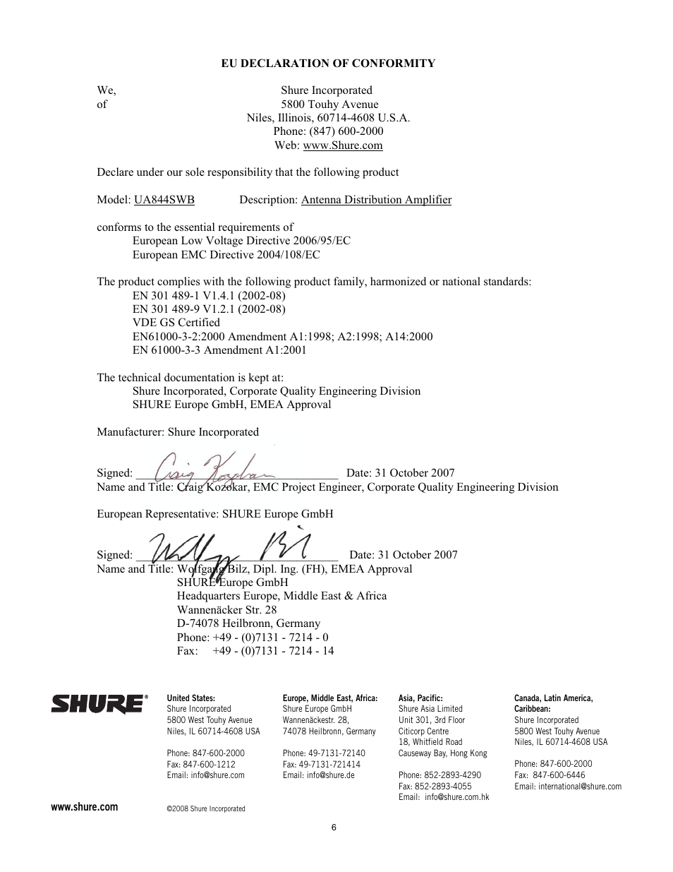 Shure ANTENNA DISTRIBUTION SYSTEM UA844SWB User Manual | Page 6 / 6