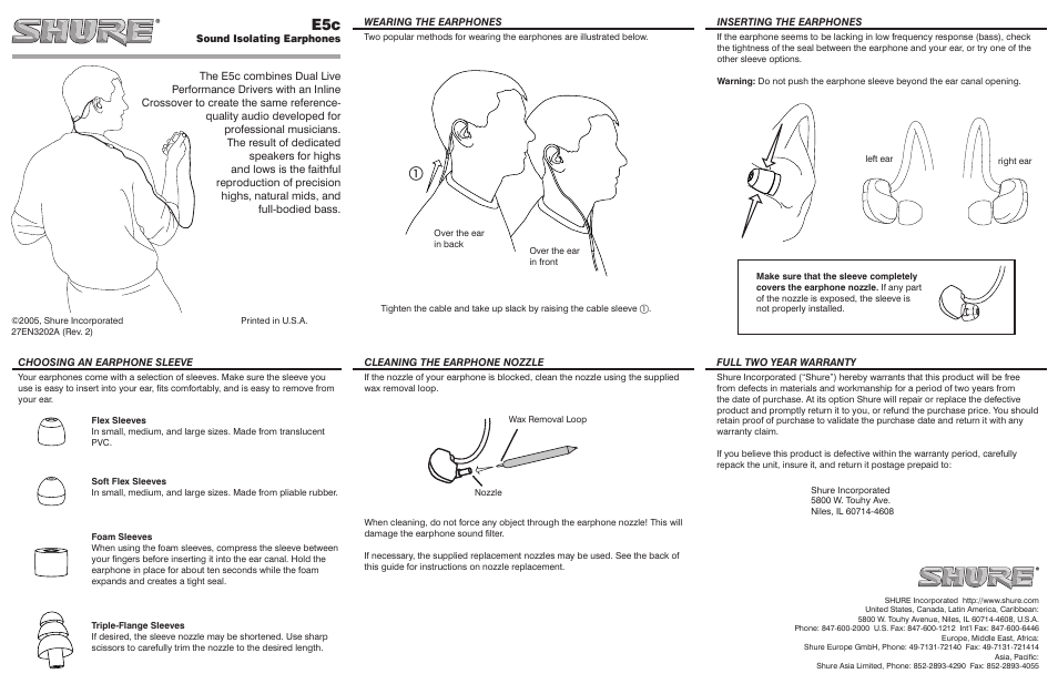 Shure E5C User Manual | 2 pages