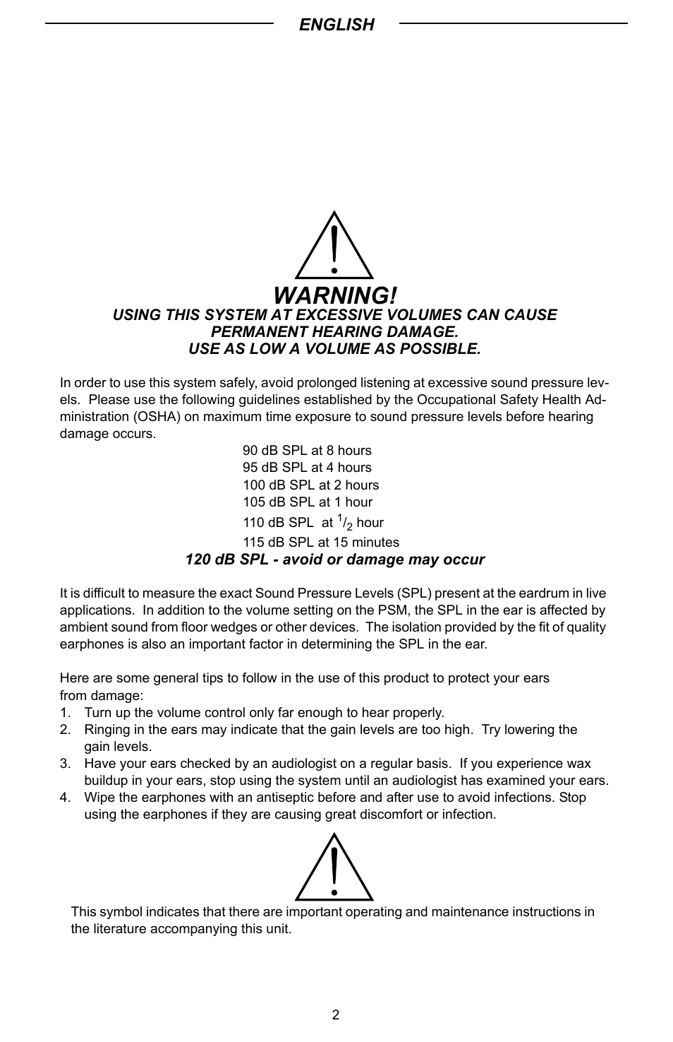 Warning | Shure P4R User Manual | Page 2 / 9