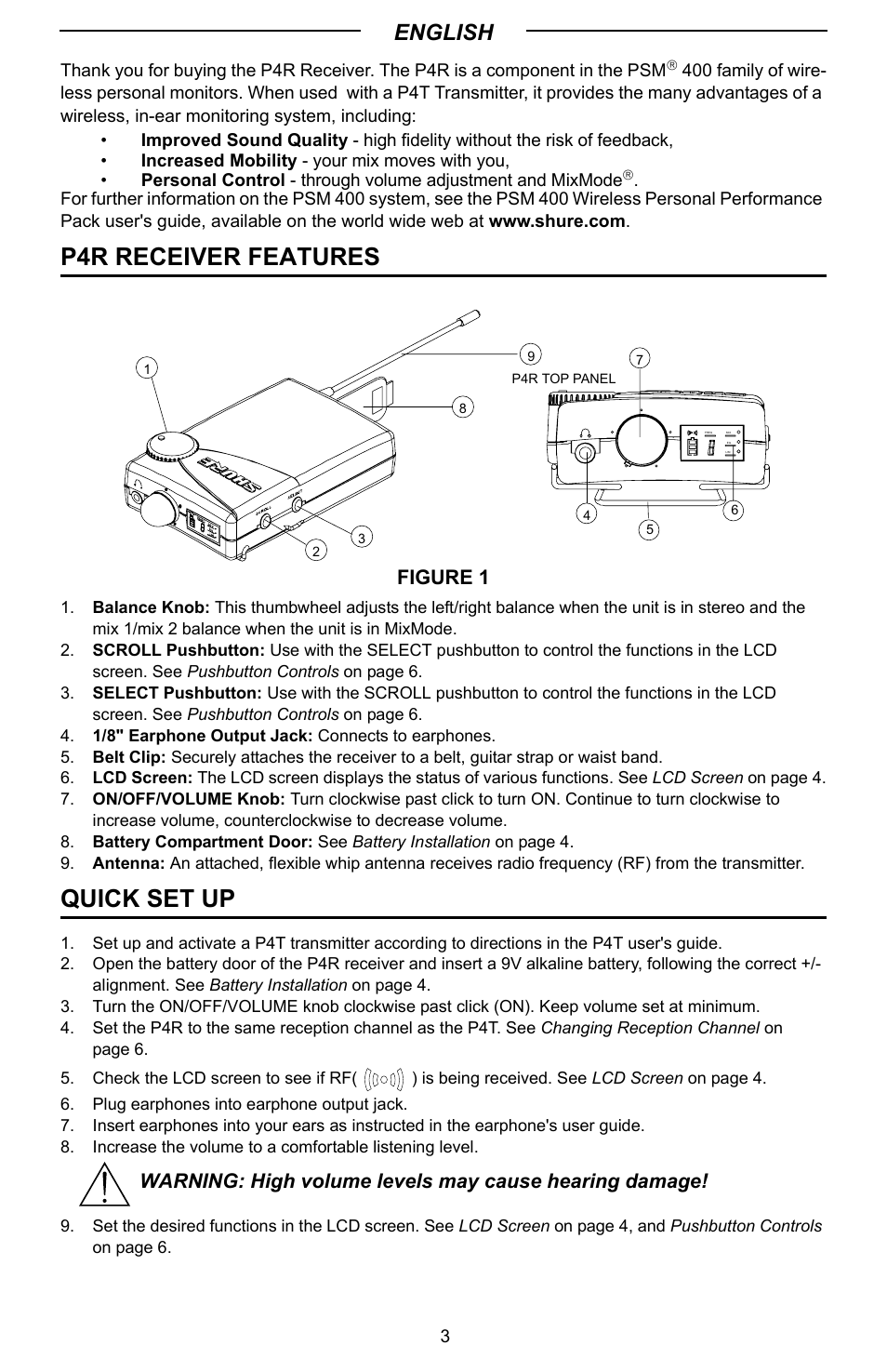 P4r receiver features, Quick set up, English | Figure 1 | Shure P4R User Manual | Page 3 / 9