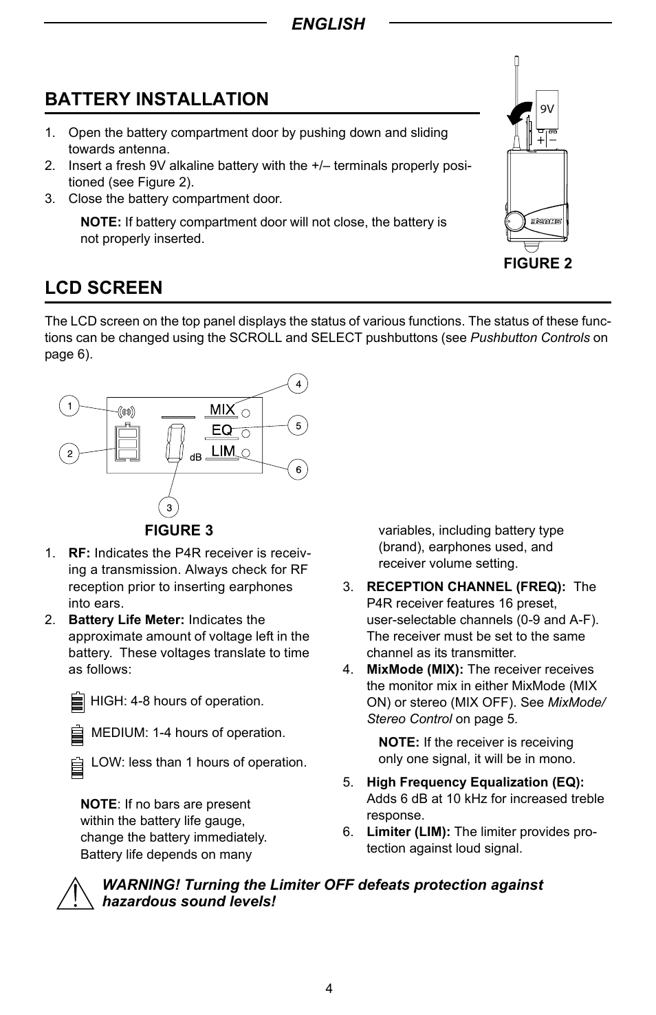 Lcd screen, Battery installation | Shure P4R User Manual | Page 4 / 9