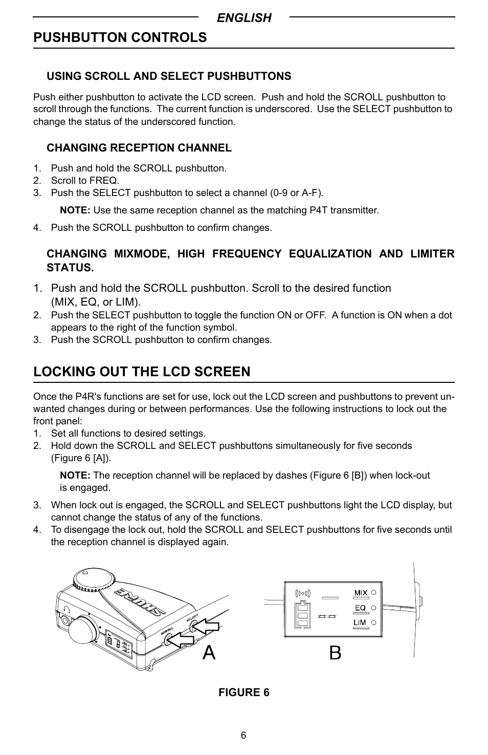 Pushbutton controls, Locking out the lcd screen | Shure P4R User Manual | Page 6 / 9