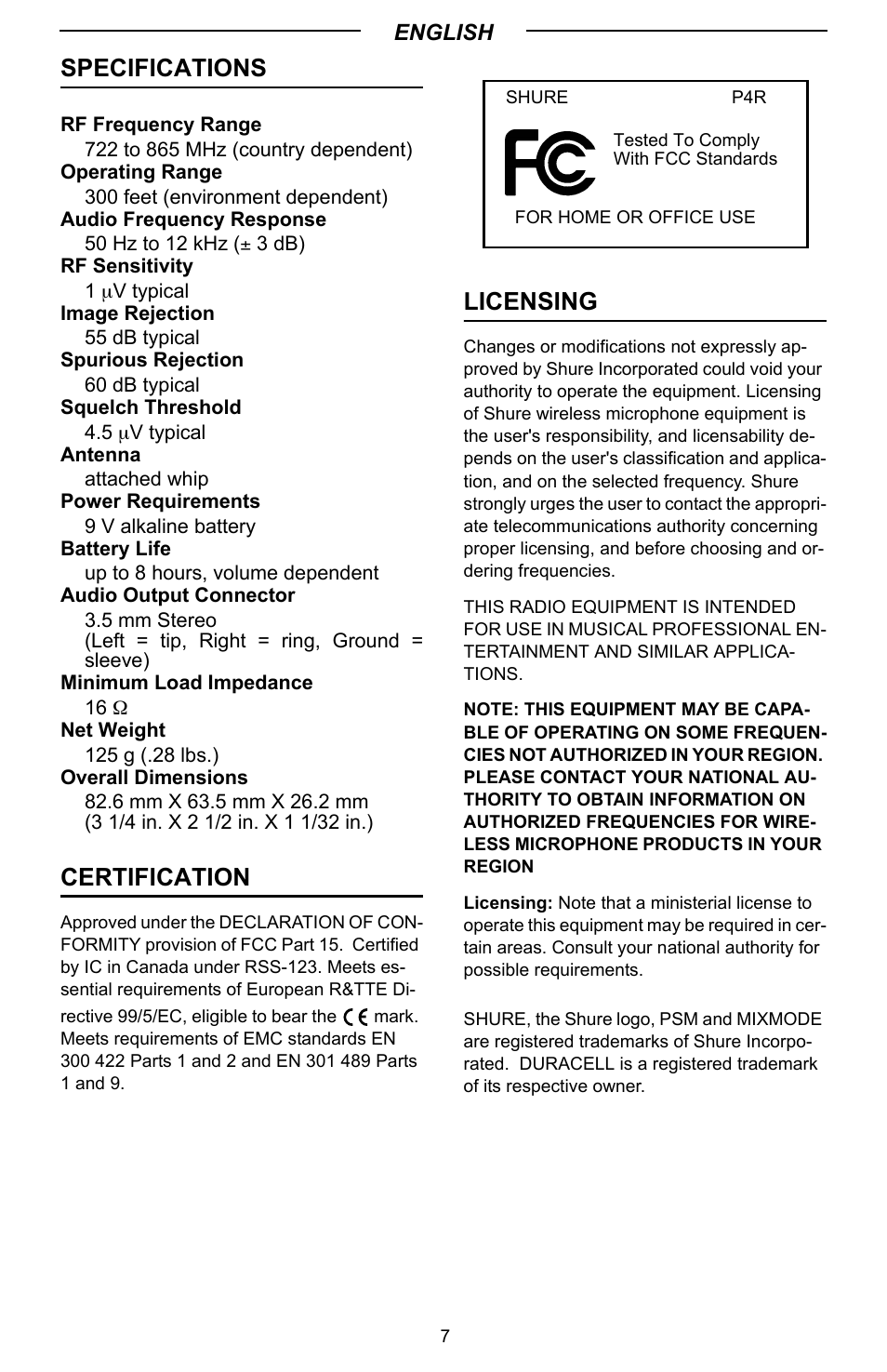 Specifications, Certification, Licensing | Shure P4R User Manual | Page 7 / 9