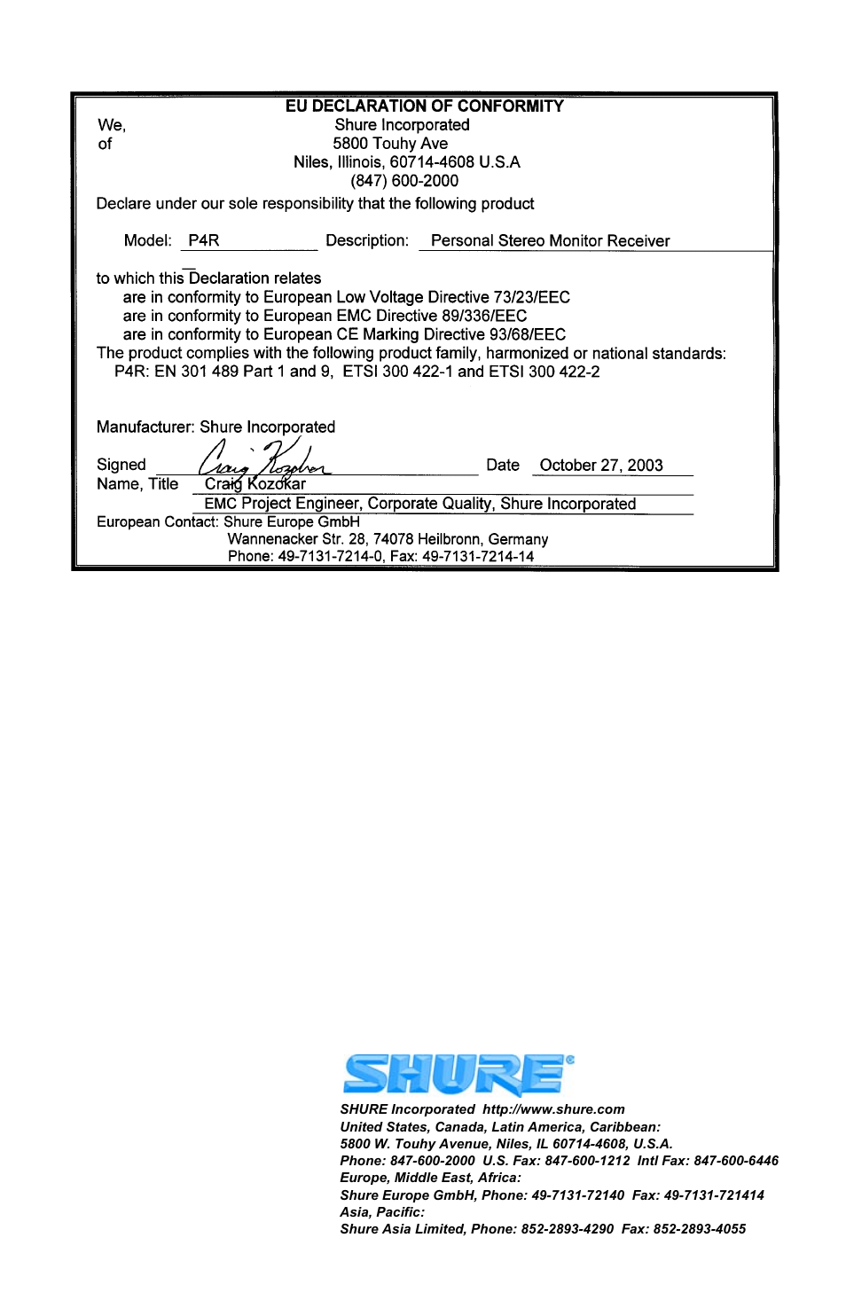 Shure P4R User Manual | Page 9 / 9