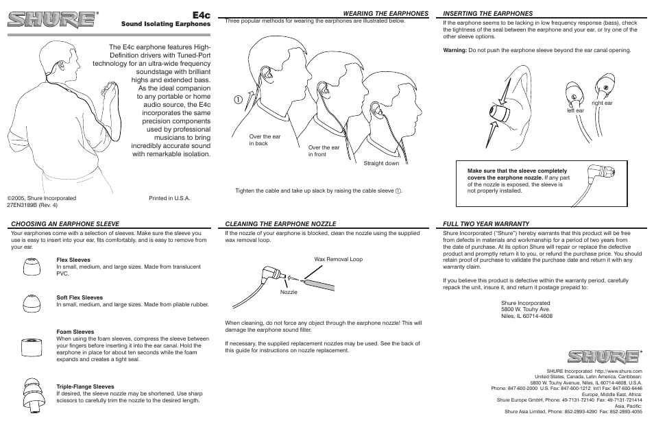 Shure E4c User Manual | 2 pages