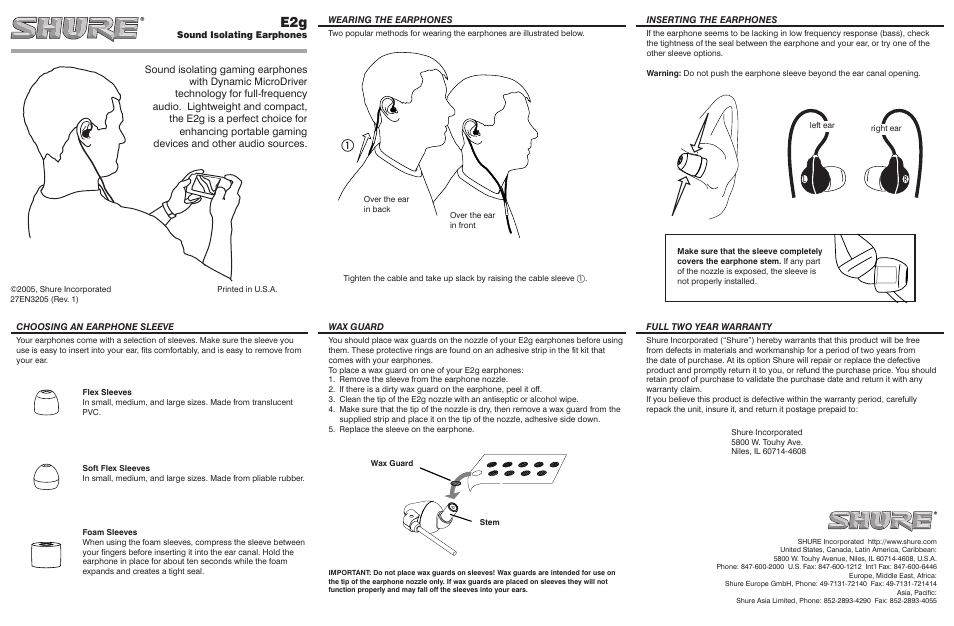 Shure E2g User Manual | 2 pages