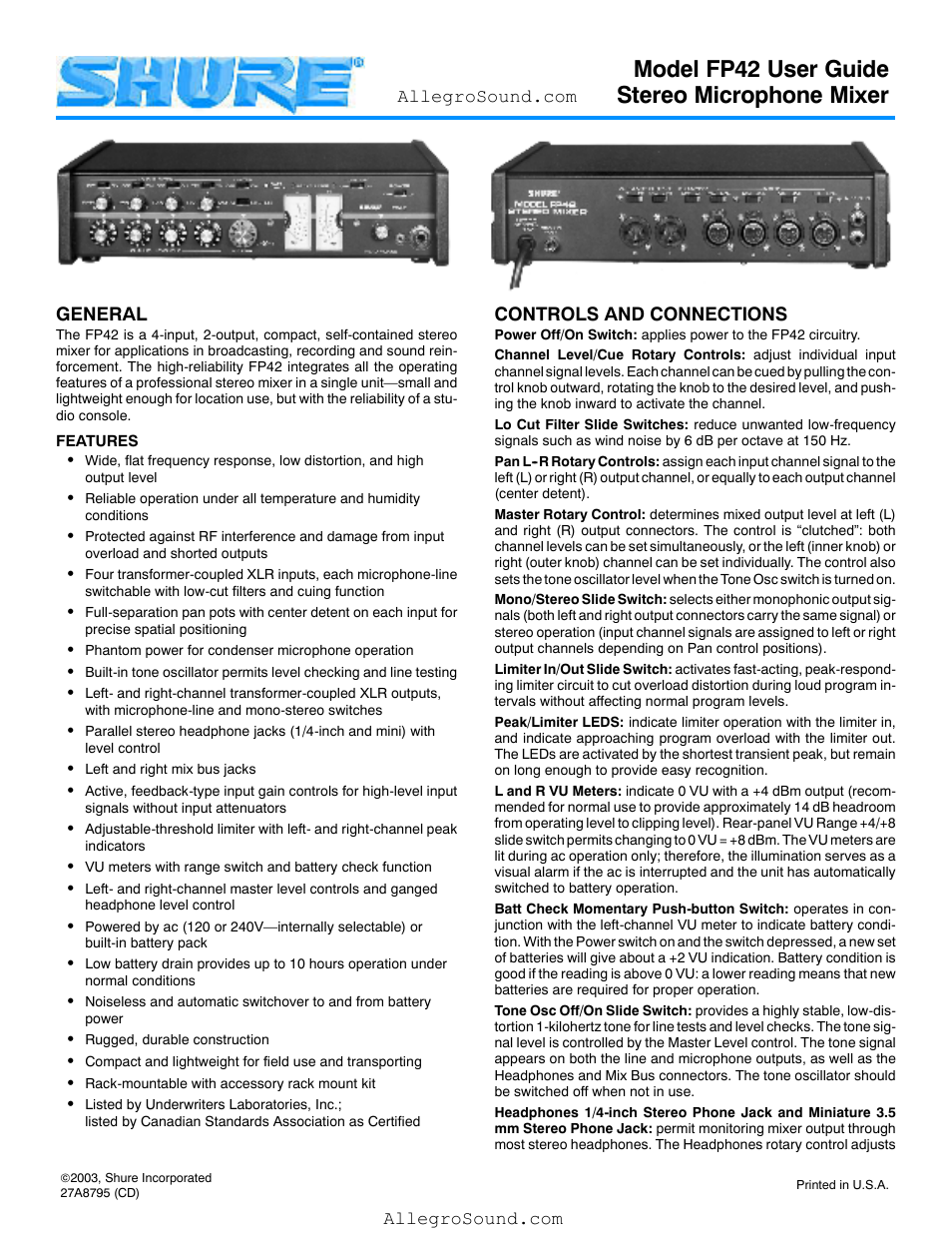 Shure Stereo Microphone Mixer Model FP42 User Manual | 3 pages