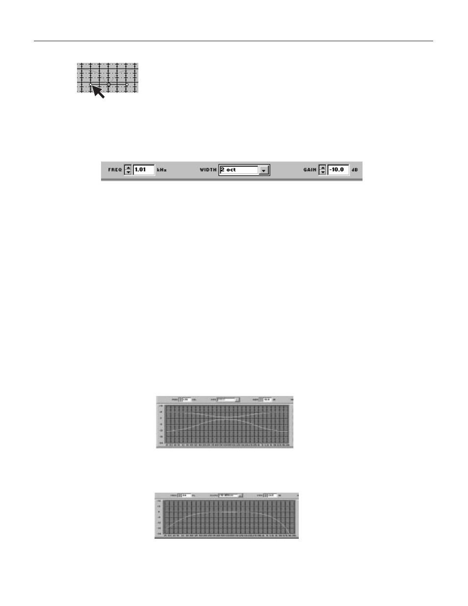 Setting and adjusting parametric filters, Parametric equalizer edit boxes and controls, High- and low-frequency shelf/cut filters | Shure DP11EQ User Manual | Page 19 / 36