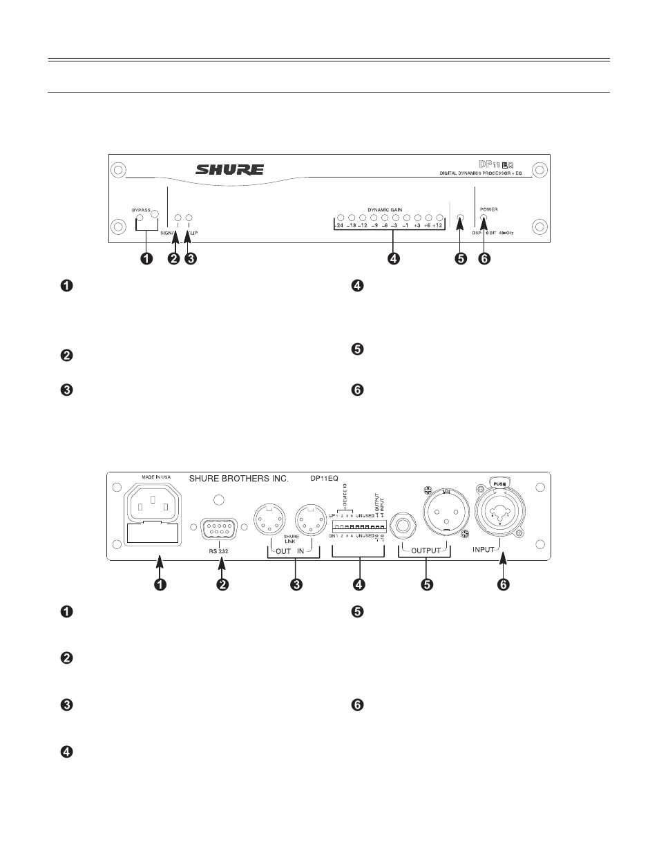 Dp11eq hardware, Overview, Front panel | Back panel | Shure DP11EQ User Manual | Page 4 / 36