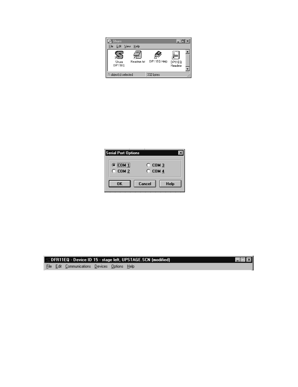 The shure program group, Configuring the computer serial port, Accessing the connected dp11eqs | Shure DP11EQ User Manual | Page 9 / 36