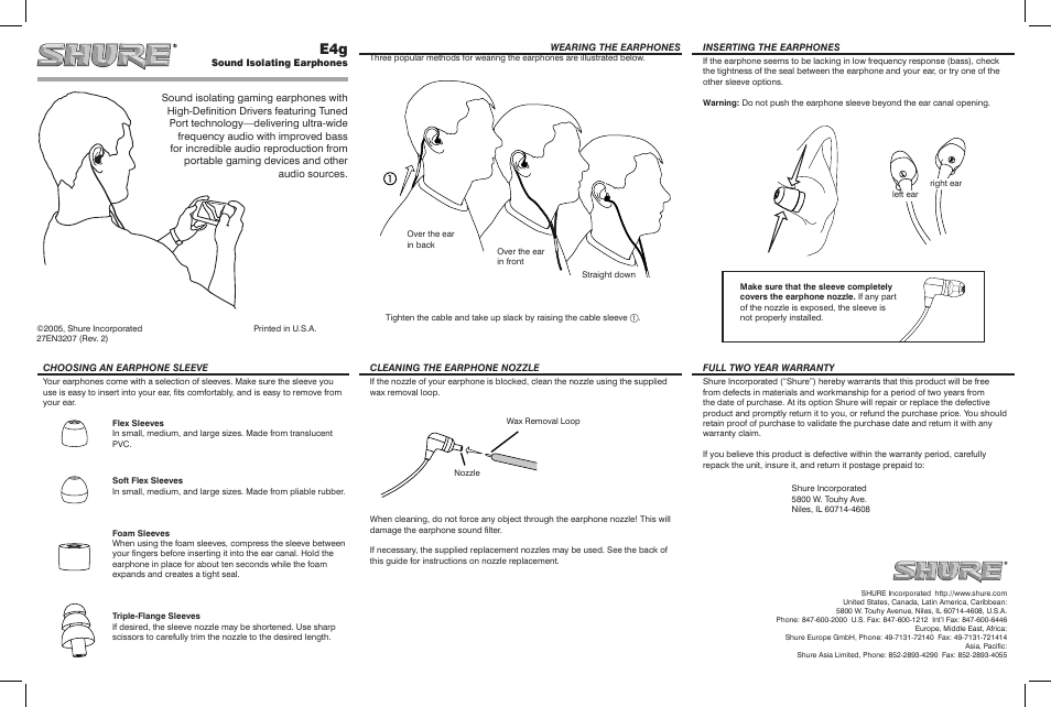 Shure E4G User Manual | 2 pages