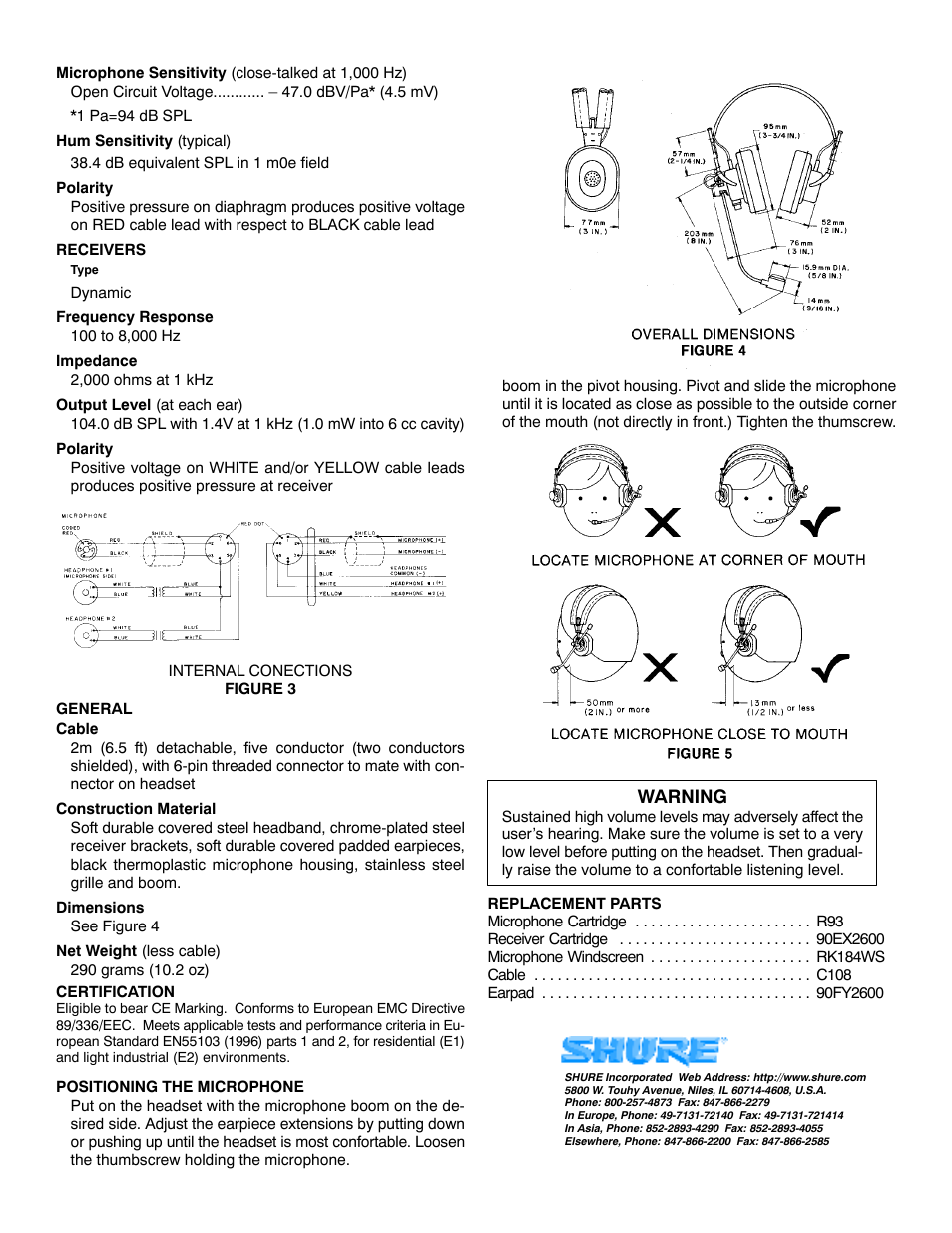 Warning | Shure SM2 User Manual | Page 2 / 2