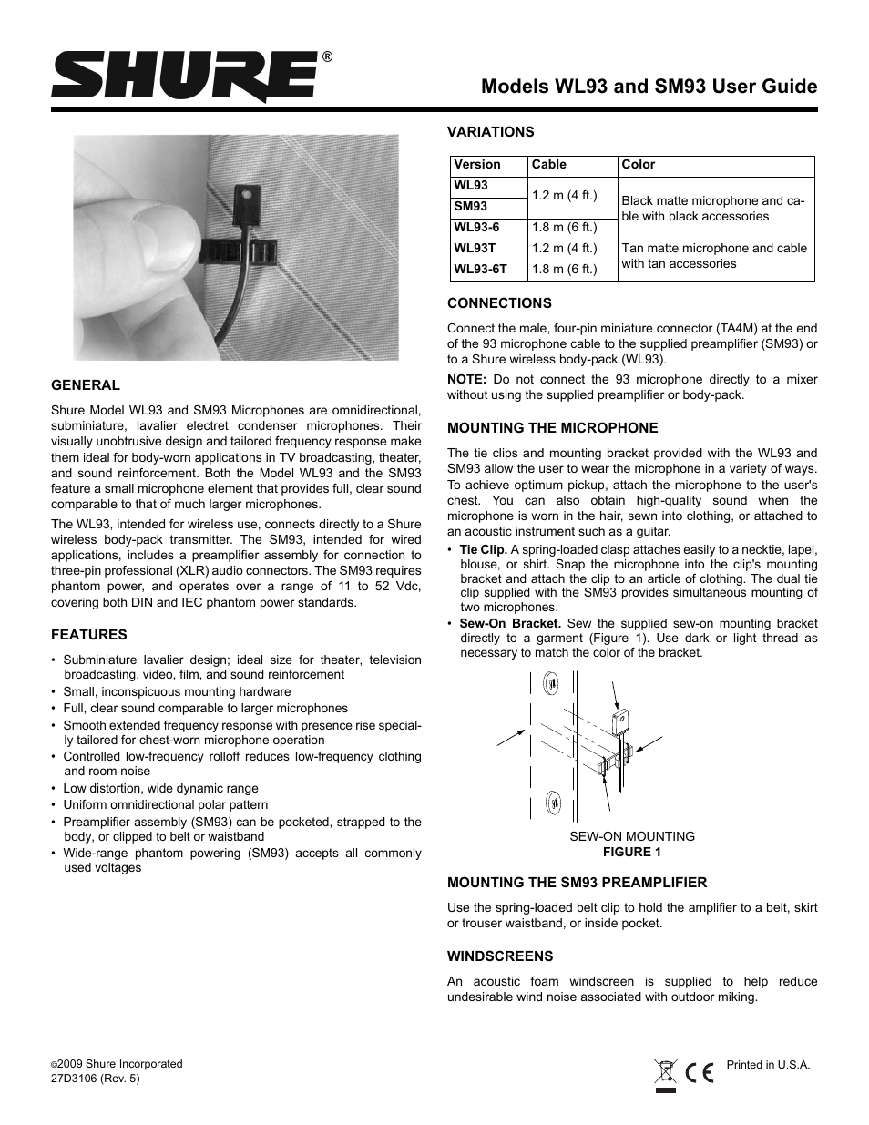 Shure MICROPHONE WL93 User Manual | 12 pages