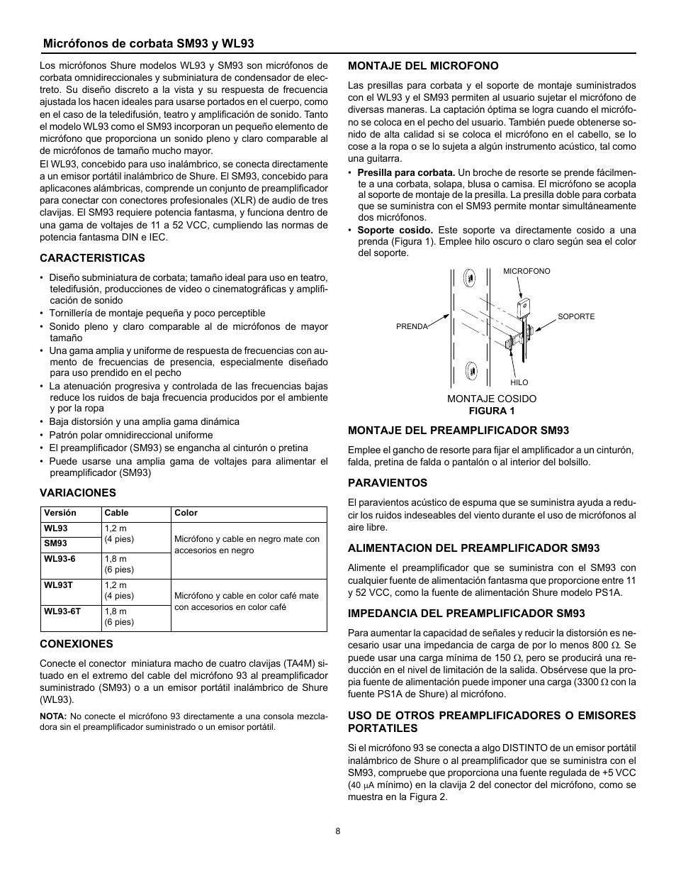 Micrófonos de corbata sm93 y wl93 | Shure MICROPHONE WL93 User Manual | Page 8 / 12