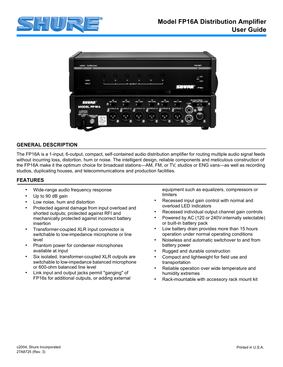 Shure FP16A User Manual | 6 pages