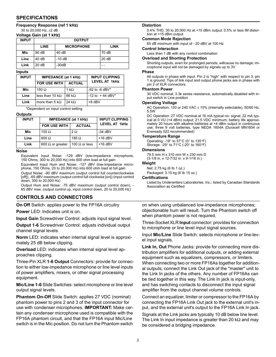 Specifications, Controls and connectors | Shure FP16A User Manual | Page 2 / 6