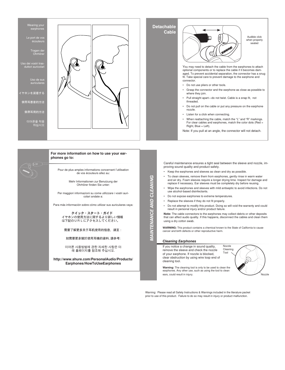 Detachable cable, Maintenance and cleaning | Shure SE215 User Manual | Page 2 / 3