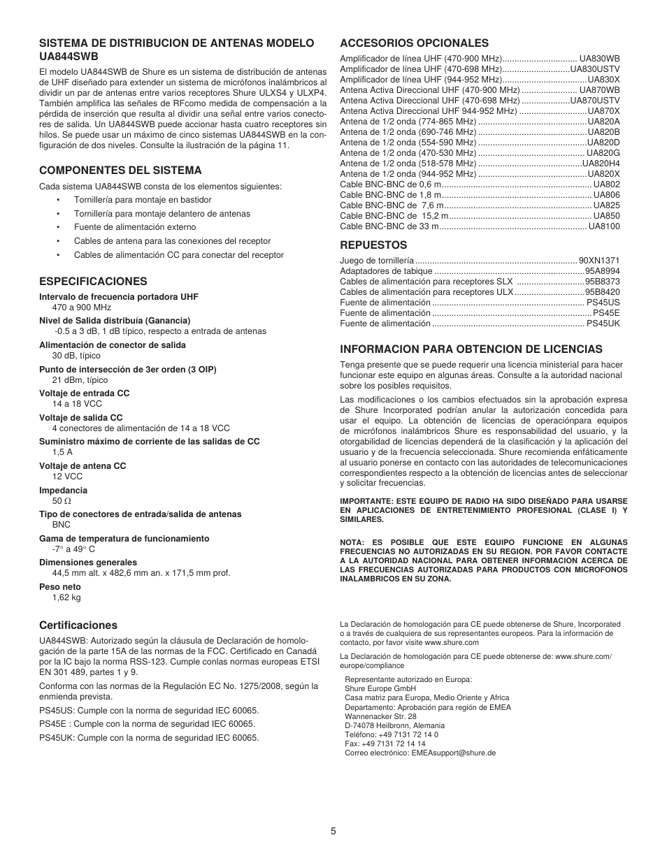 Shure UA844SWB User Manual | Page 5 / 12