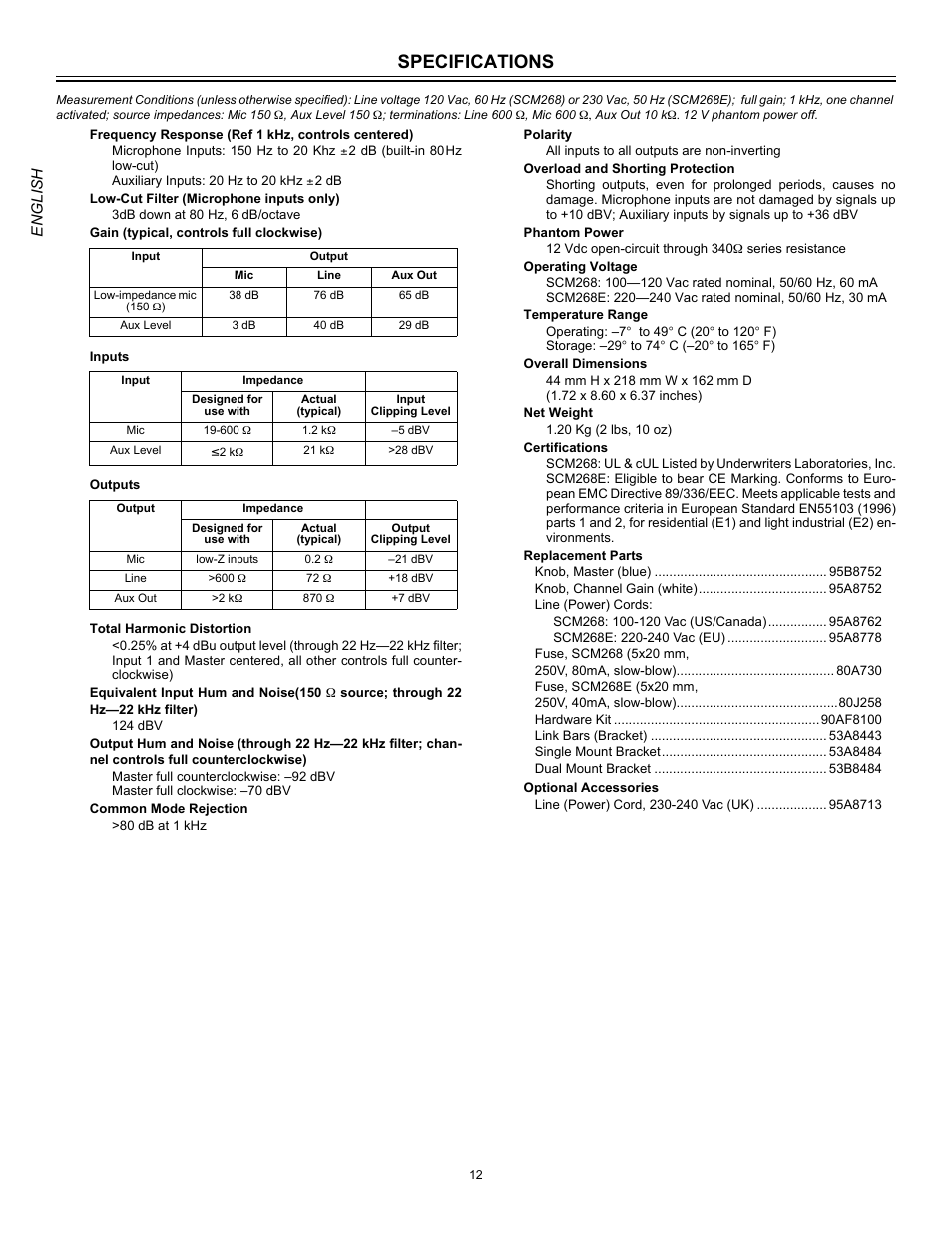 Specifications | Shure SCM268 User Manual | Page 12 / 13