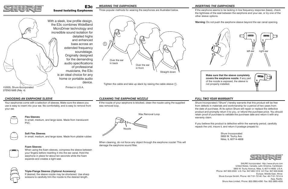 Shure E3c User Manual | 2 pages