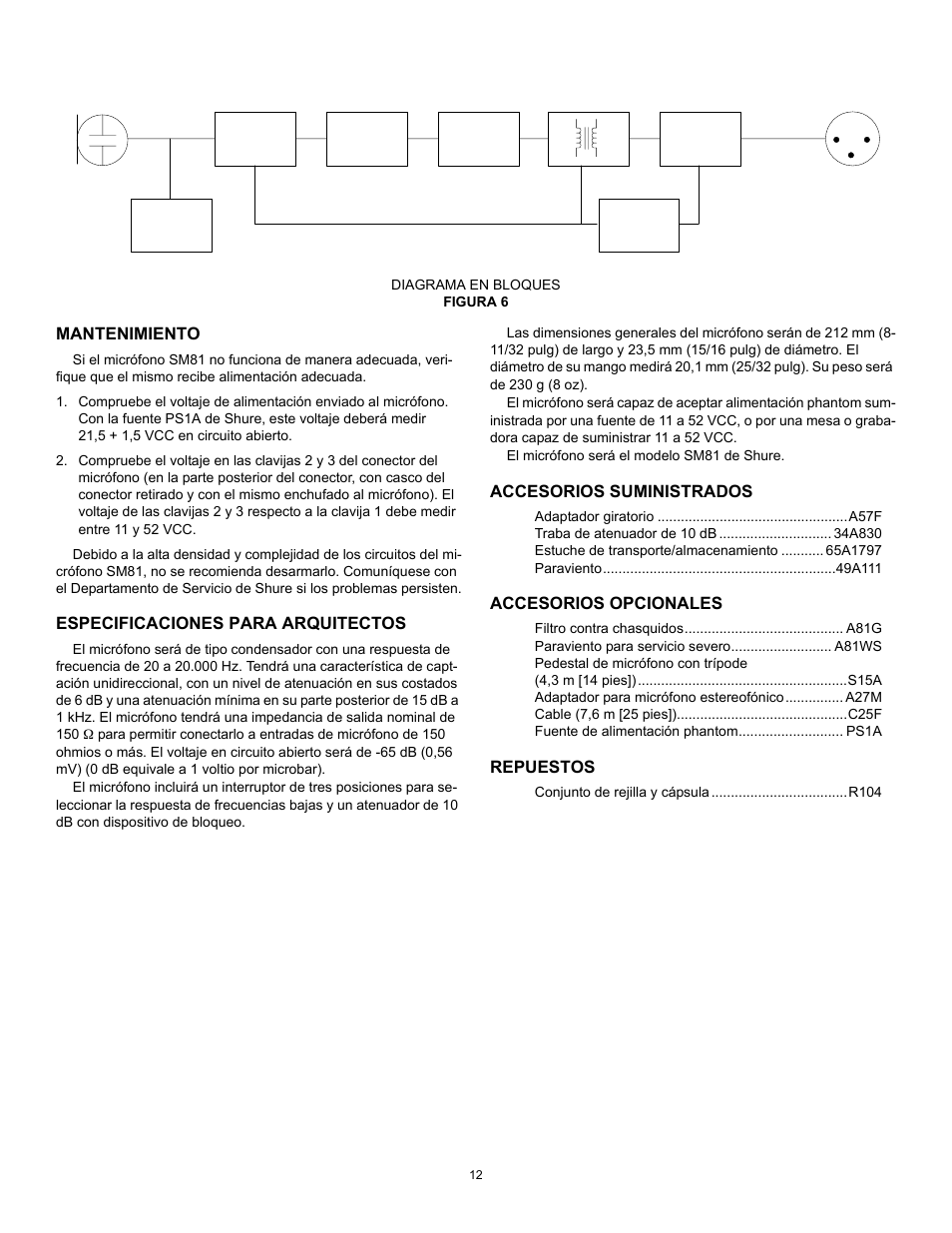 Mantenimiento, Especificaciones para arquitectos, Accesorios suministrados | Accesorios opcionales, Repuestos | Shure SM81 User Manual | Page 12 / 20