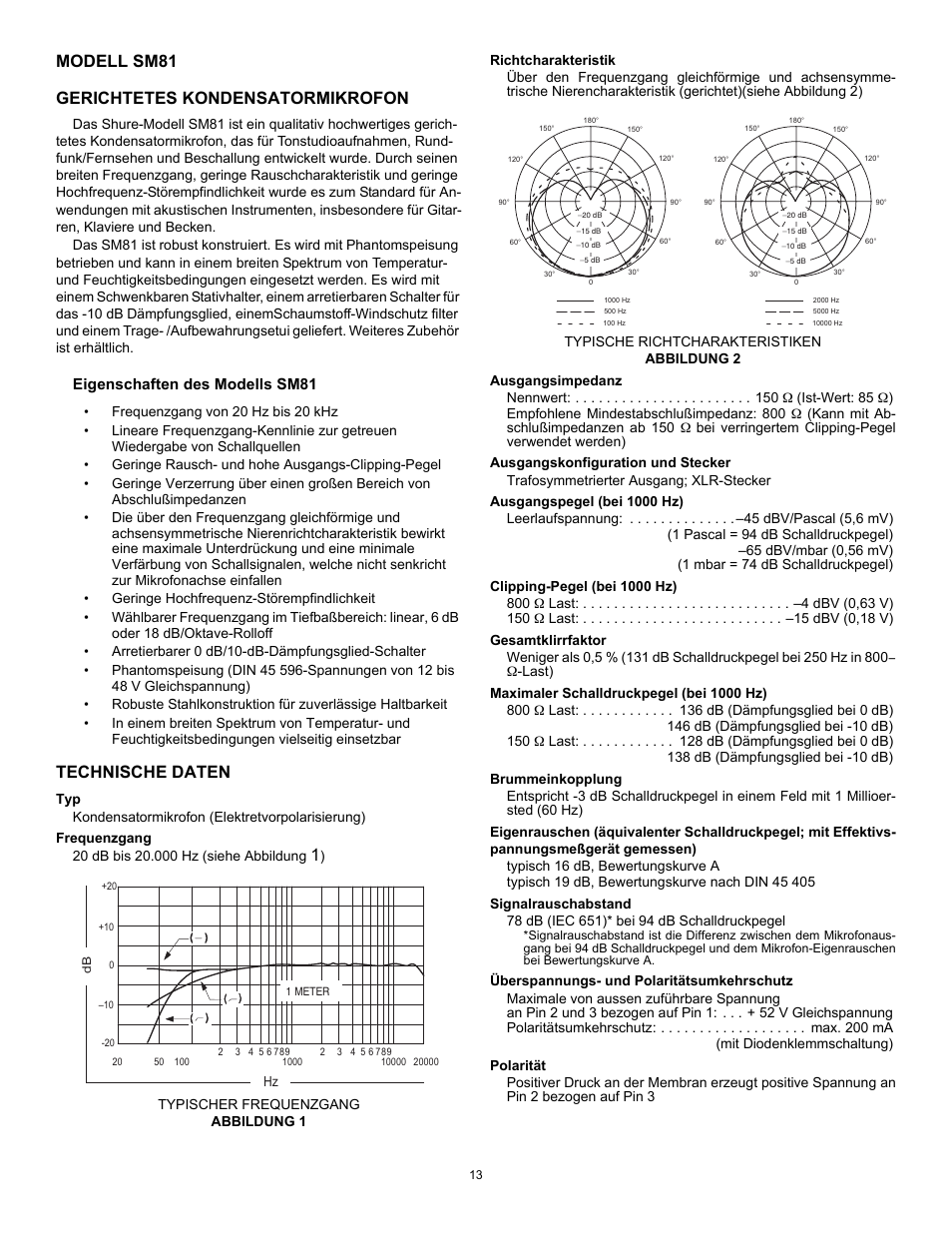 Modell sm81 gerichtetes kondensatormikrofon, Technische daten, Eigenschaften des modells sm81 | Shure SM81 User Manual | Page 13 / 20