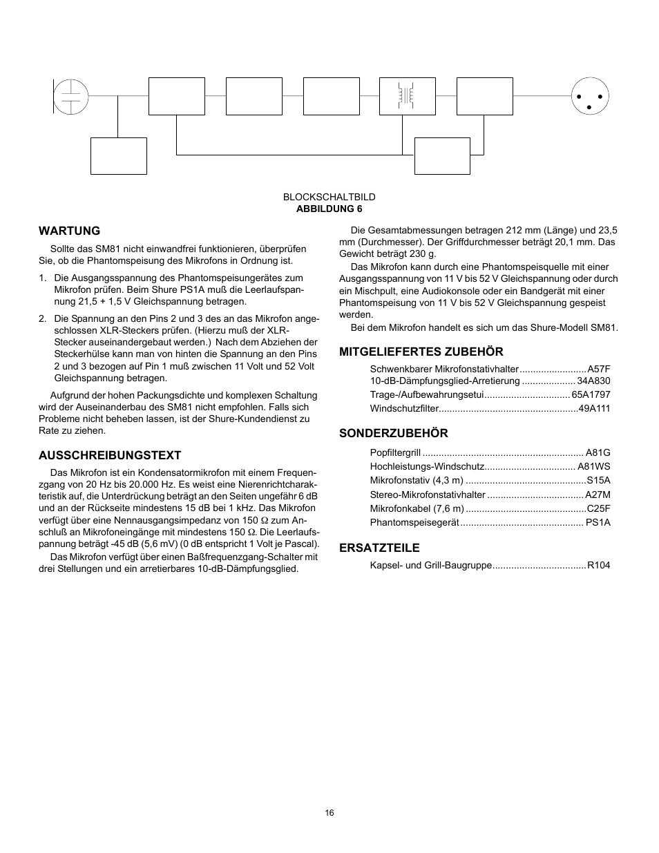 Wartung, Ausschreibungstext, Mitgeliefertes zubehör | Sonderzubehör, Ersatzteile | Shure SM81 User Manual | Page 16 / 20