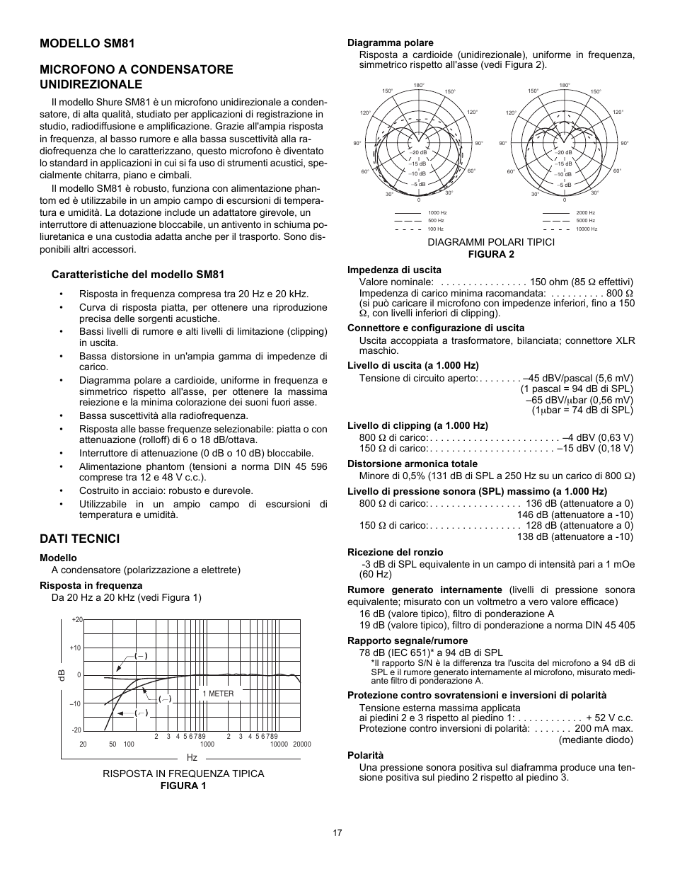 Dati tecnici, Caratteristiche del modello sm81 | Shure SM81 User Manual | Page 17 / 20