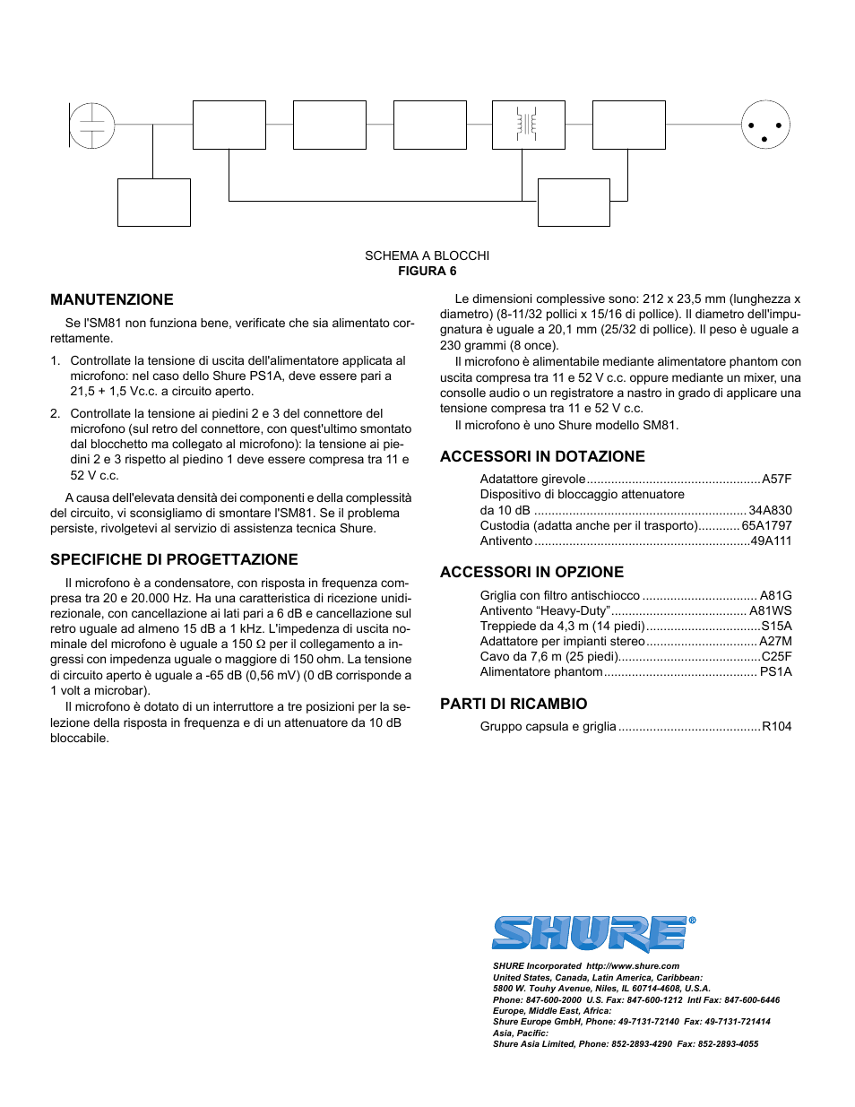 Manutenzione, Specifiche di progettazione, Accessori in dotazione | Accessori in opzione, Parti di ricambio | Shure SM81 User Manual | Page 20 / 20