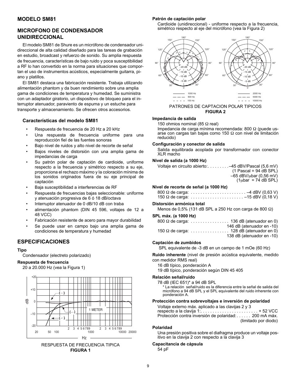 Especificaciones, Características del modelo sm81 | Shure SM81 User Manual | Page 9 / 20