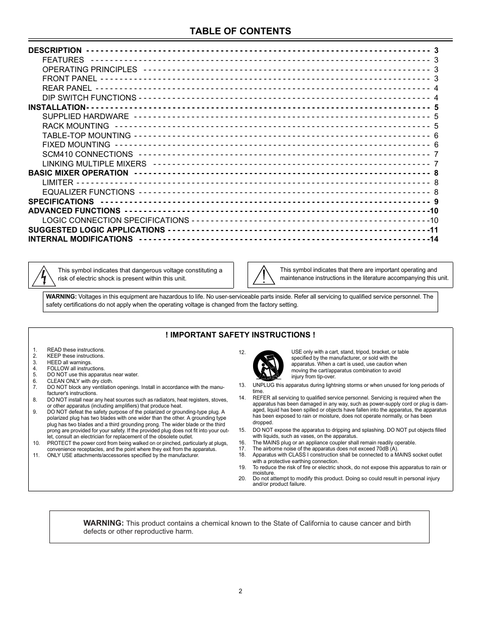 Shure Four Channel Automatic Microphone SCM410 User Manual | Page 2 / 17